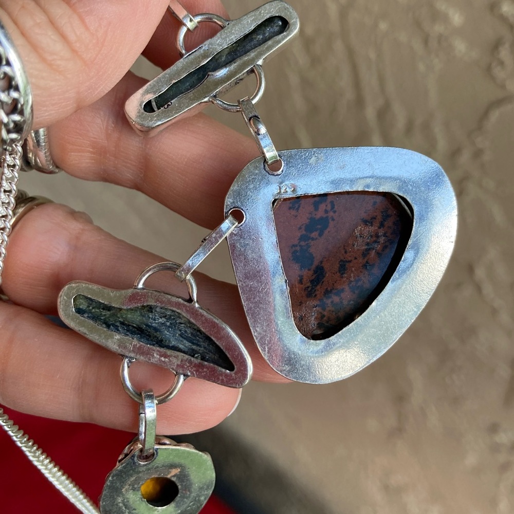 925 sterling silver overlay red jasper tiger eye kyanite gemstone boho necklace - Picture 9 of 16